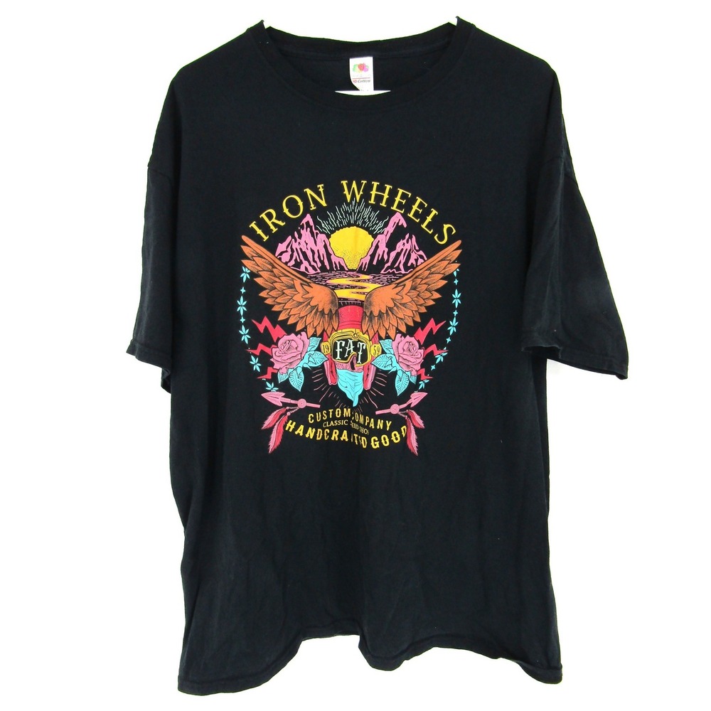 Fruit of the Loom Iron Wheels Graphic T Shirt Mens XL Black Biker Skull Wings